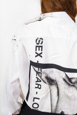 white shirt printed on the back 