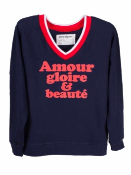 sweat bleu col V Amour gloire et beauté. Polystyren 