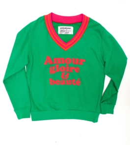 sweat vert col V Amour gloire et beauté. Polystyren 