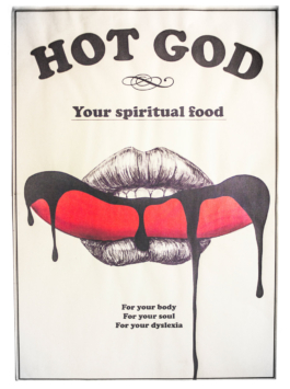 art direction. Graphic design. Poster. A mouth eating an orange sausage with black sauce.Hotdog, your spiritual food. For your body, for your soul. for your dyslexia 