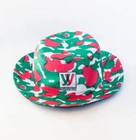 art direction. Fashion design bucket hat, red/green camouflage print. 