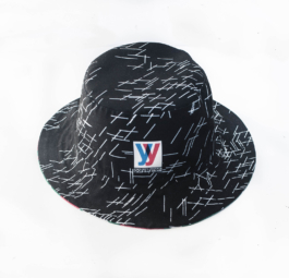 art direction. Fashion design. Black bucket Hat with all over printed white lines. 
