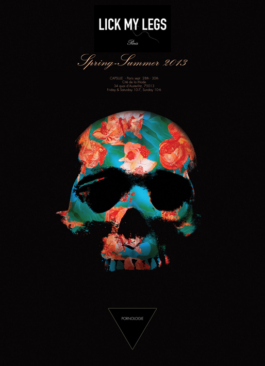 Art direction. Flyer Lick my legs Spring /summer 2013. Tête de mort multicolore sur fond noir 