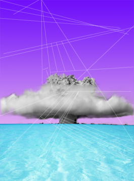 art direction. Graphic design. Atomic graphic mushroom on a blu lagoon 