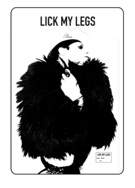 art direction. Lick my legs flyer. Queer in furs. Black & white. 
