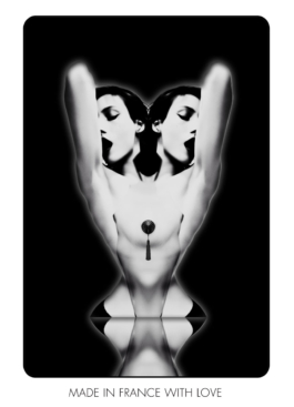 Art direction. Lick my legs flyer. odel arms behind head. Mirror effect. 