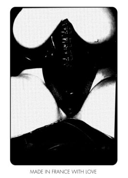 Art direction. Graphic design.Lickmylegs flyer. Black and white screen printing. Close up body with black leather corset 