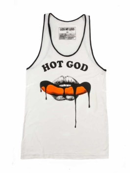 débardeur blanc sérigraphié. Lick my legs 