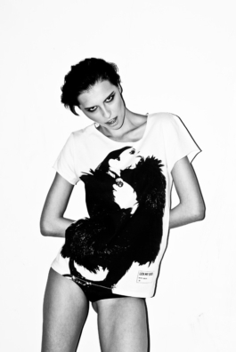 art direction. Fashion editorial for lickmylegs fw11. B&w photography. Model wearing t-shirt with queer print on front 